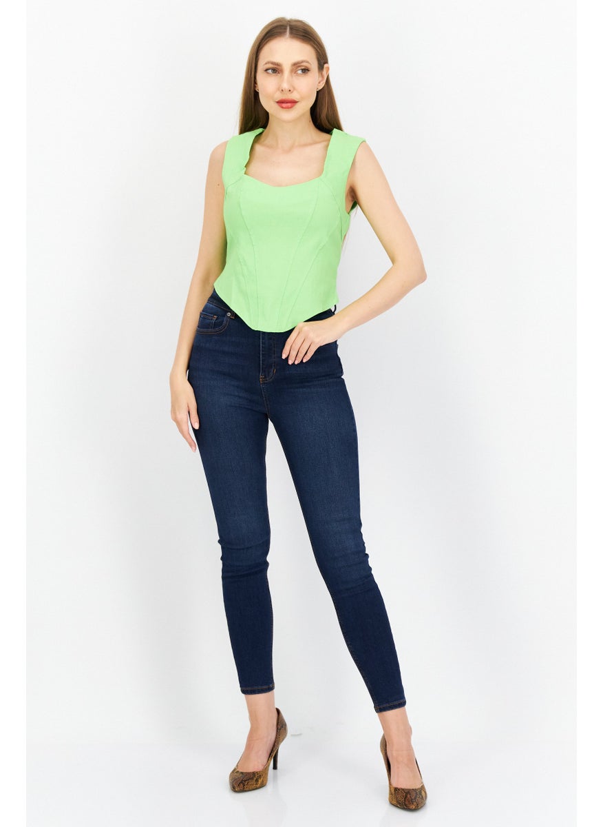RIVER ISLAND Women Square Neck Sleeveless Solid Corset Crop Top, Green  - Image 3