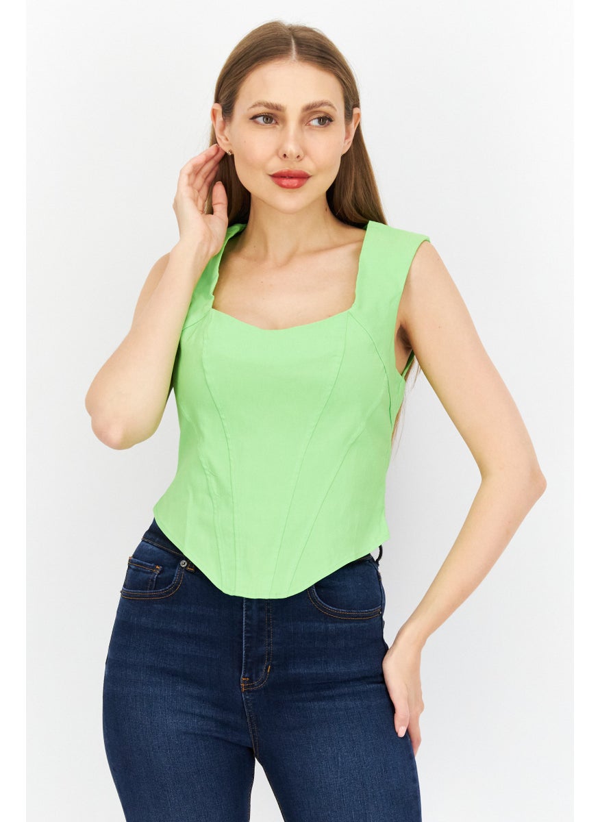 RIVER ISLAND Women Square Neck Sleeveless Solid Corset Crop Top, Green  - Image 1
