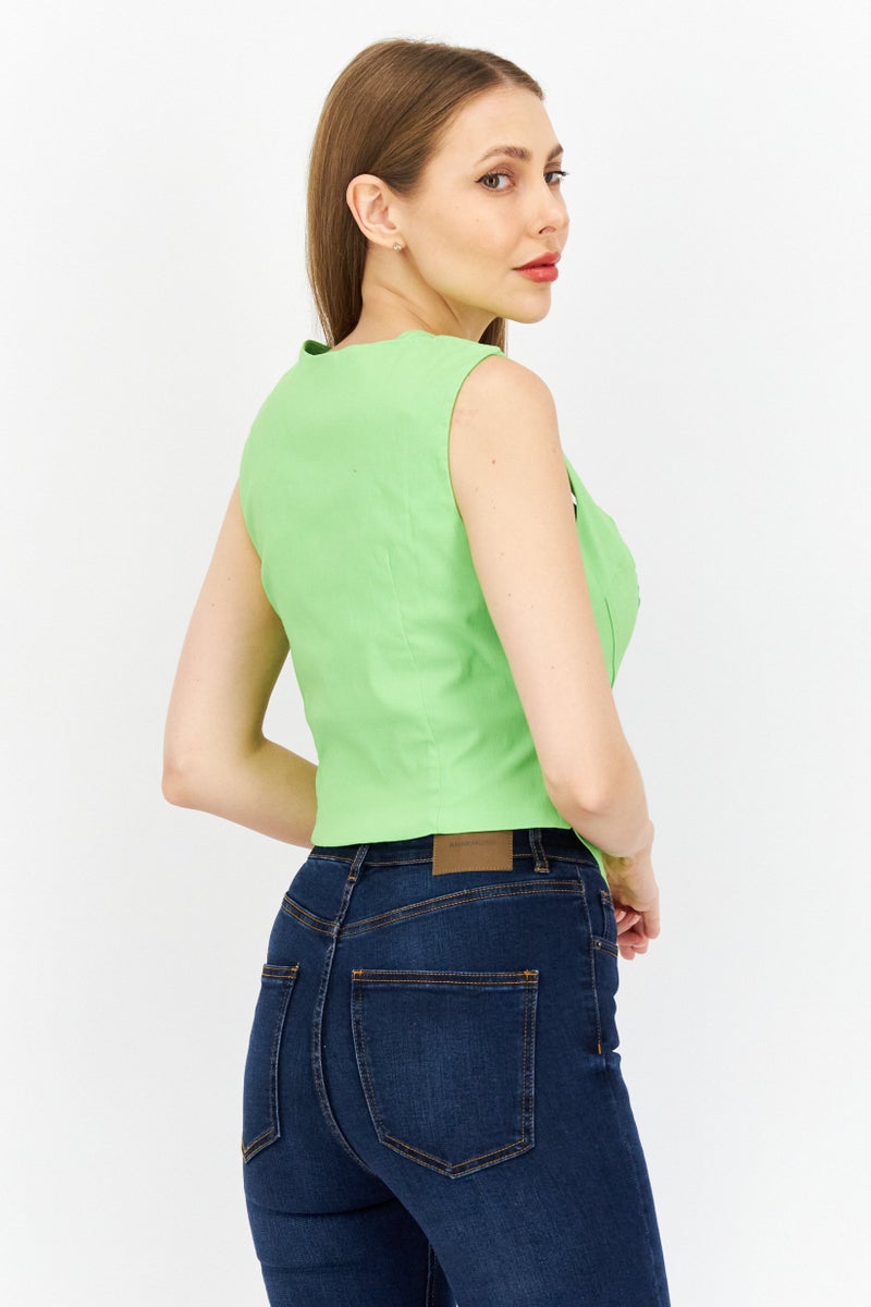 RIVER ISLAND Women Square Neck Sleeveless Solid Corset Crop Top, Green - Image 2