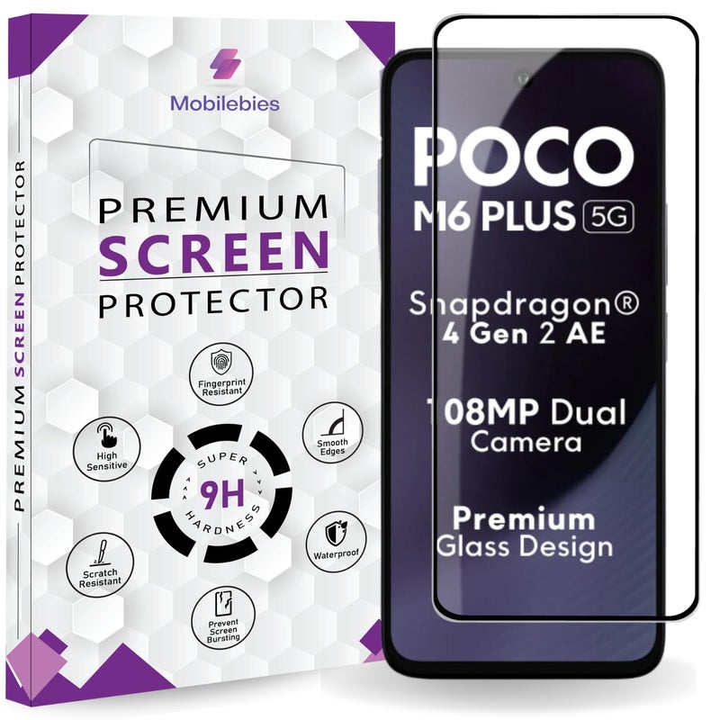 Mobilebies Premium Tempered Glass Screen Protector Guard For POCO M6 Plus (6.79 Inch, Pack of 1) | Edge to Edge Coverage With Easy to installation kit - Image 1