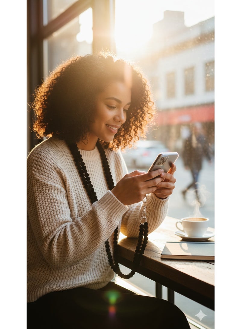 سلسلة موبايل طويلة خرز أسود مطفي – مقاس كبير – تعليق للرقبة/الكتف – حلقة فضي قوية - Image 1