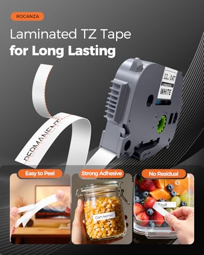 Rocanza 12mm 0.47 Laminated White Tz Tape Compatible for Brother Label Maker Tape TZe-231 TZe231 Work with PTouch PT-D220 D210 H110 D200 D400 1280 D610BT 1880 1830 Refills, TZ TZe 1/2" Black on White, 4-Pack - Image 3