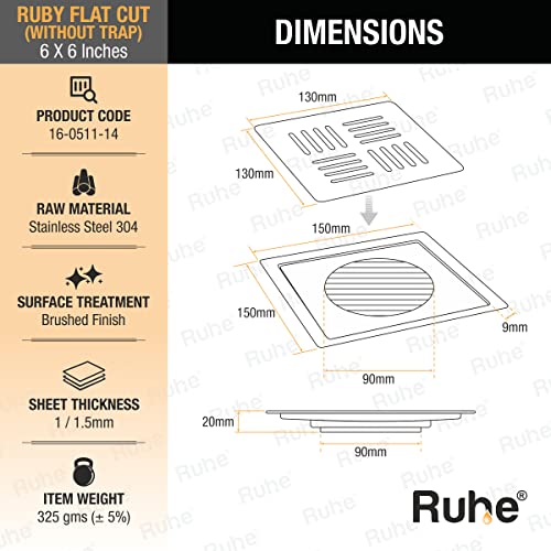 Ruhe® Floor Drainer | 304-Grade Stainless Steel Floor Drain- Ruby Square Flat Cut (6x6 inches) (Pack of 2) - Image 3