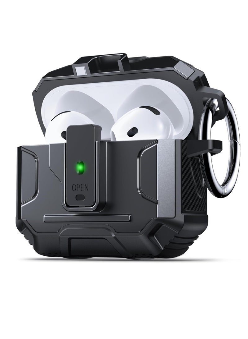 حافظة غطاء سماعة الأذن لأجهزة Airpods الجيل الرابع، حافظة صلبة لحماية الجسم بالكامل من الصدمات من الدرجة العسكرية، تدعم الشحن اللاسلكي مع سلسلة مفاتيح، غطاء مغناطيسي، مصباح LED أمامي مرئي، أسود