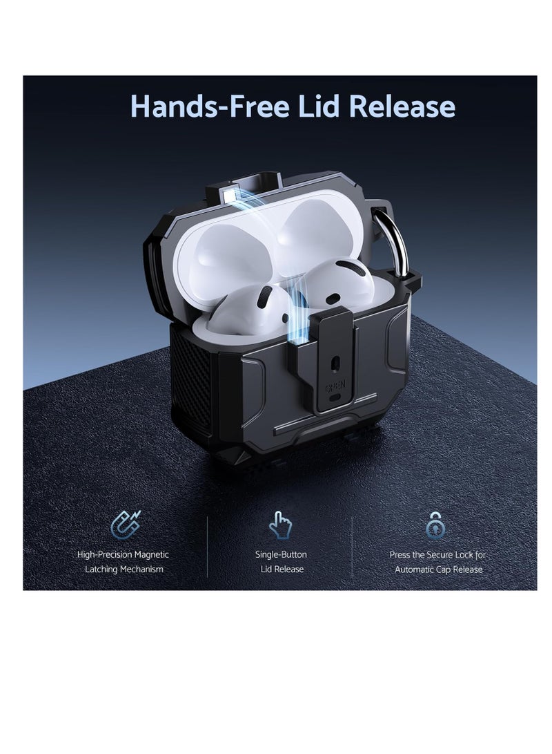 حافظة غطاء سماعة الأذن لأجهزة Airpods الجيل الرابع، حافظة صلبة لحماية الجسم بالكامل من الصدمات من الدرجة العسكرية، تدعم الشحن اللاسلكي مع سلسلة مفاتيح، غطاء مغناطيسي، مصباح LED أمامي مرئي، أسود