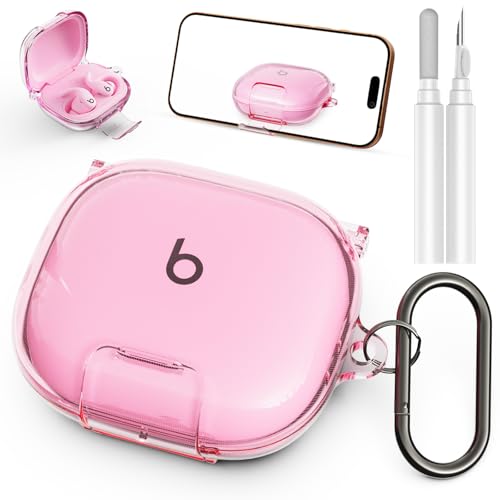 Geekboy Case for Beats Powerbeats Fit 2025, Clear TPU Protective Cover with Premium Metal Carabiner & Cleaning Kit, Shockproof Skin for Powerbeats Fit Case Cover (Clear Pink) - Image 1
