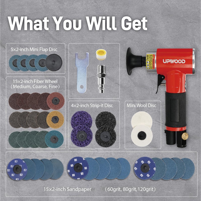 UPWOOD Pneumatic Mini Orbital Sander Grinder Polisher Kit, 2 inch Air Right Angle Surface Prep Tool with 41pcs Roll Lock Discs - Image 2