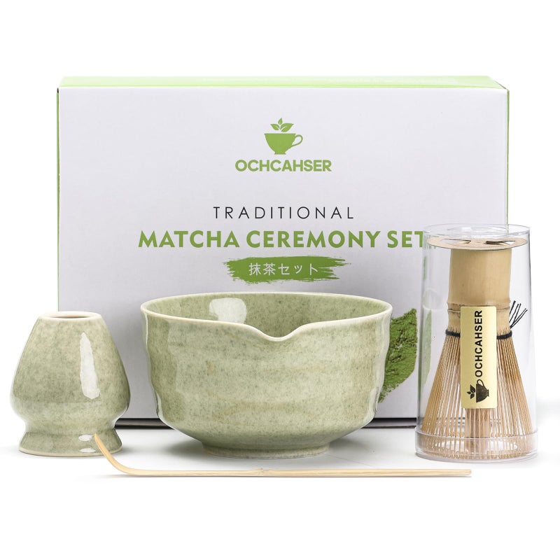Ochcahser Matcha Set, Japanese Tea Set Includes Matcha Bowl with Spout, Matcha Whisk Holder, Bamboo Matcha Whisk and Bamboo Scoop, 17 oz Mottled Tea Green Glaze Ceramic Matcha Kit for Tea Lovers - Image 1
