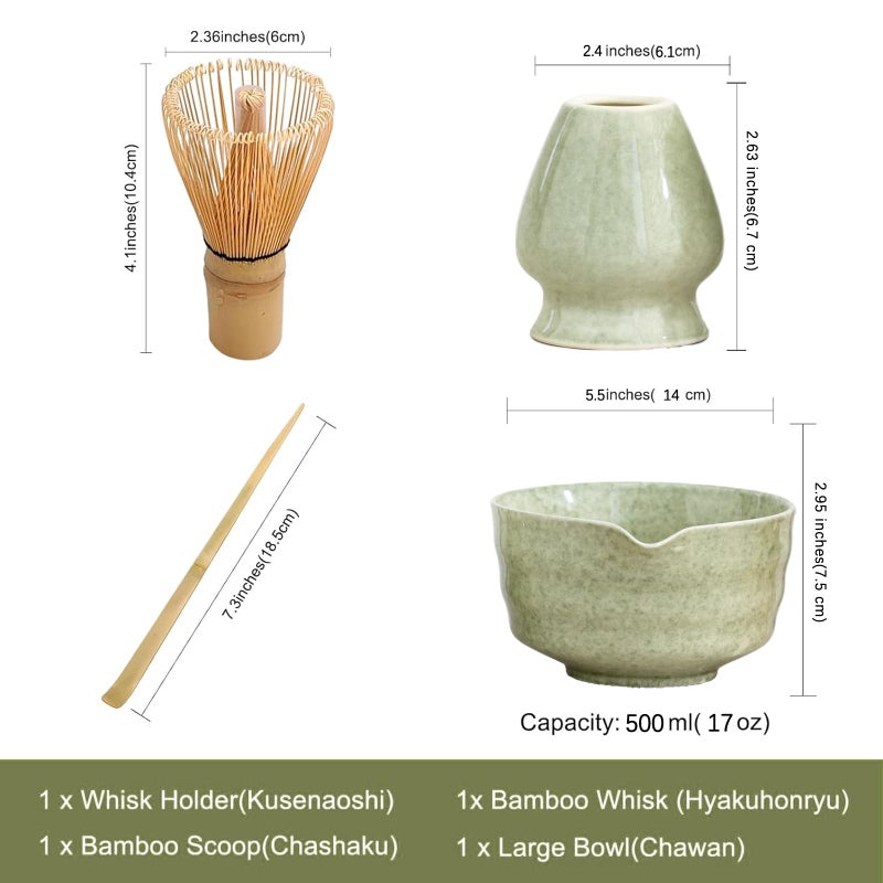 Ochcahser Matcha Set, Japanese Tea Set Includes Matcha Bowl with Spout, Matcha Whisk Holder, Bamboo Matcha Whisk and Bamboo Scoop, 17 oz Mottled Tea Green Glaze Ceramic Matcha Kit for Tea Lovers - Image 5