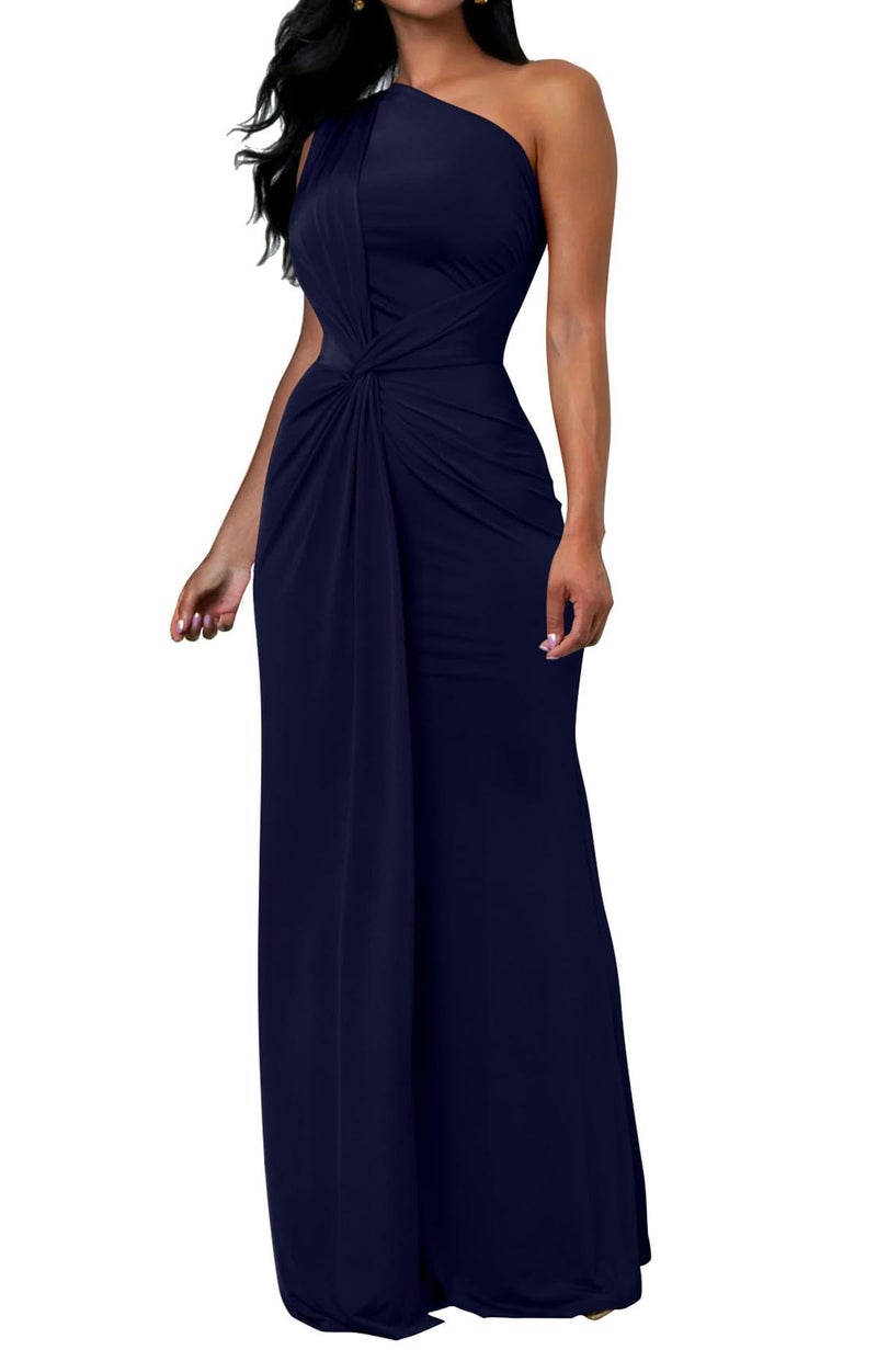 Memoriesea Women's Elegant Sleeveless One Shoulder Bodycon Evening Cocktail Maxi Dress Navyblue - Image 1