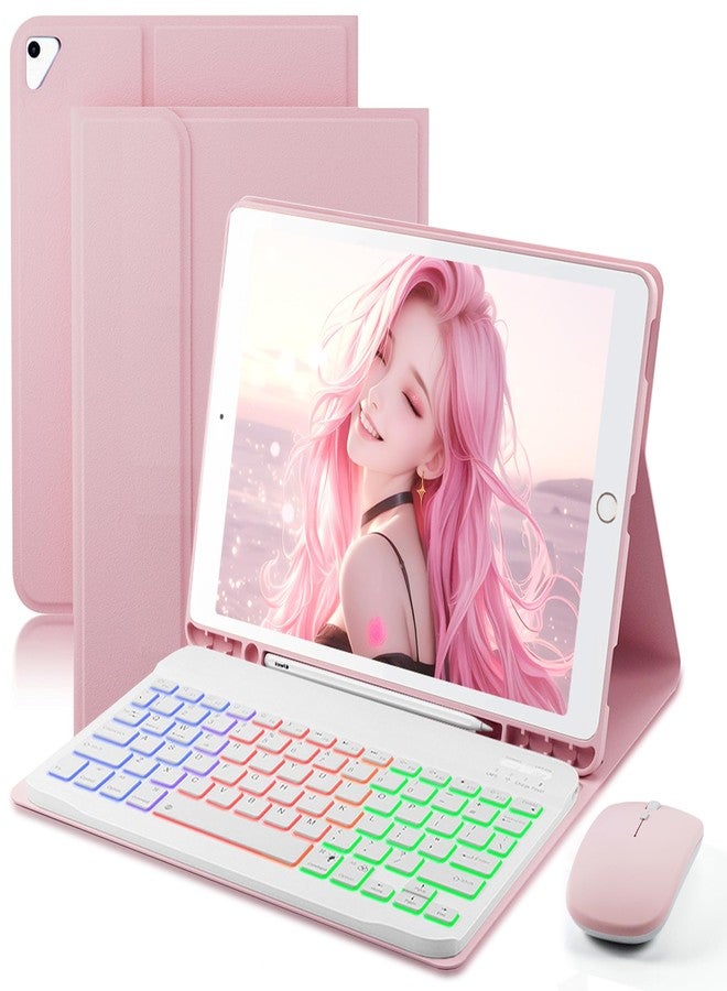 SAMTUNK Keyboard Case for iPad 9.7 inch, iPad 6th (2018)/iPad 5th Gen(2017), iPad Pro 9.7(2016), iPad Air 2 (2014) - 7 Color Rainbow Change Backlit Magnetic Keyboard Built in Pencil Holder with Mouse - Pink - Image 1