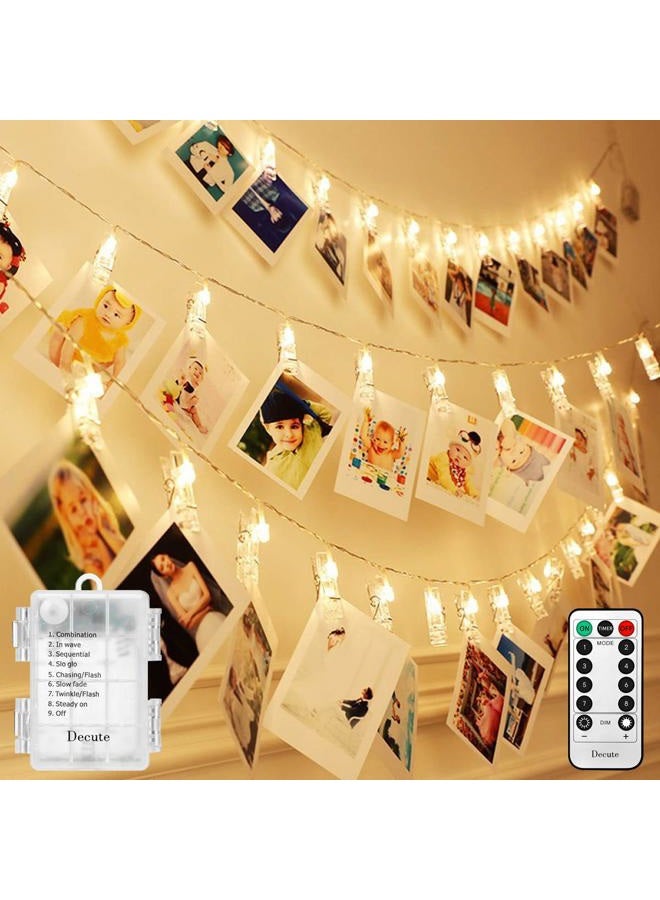 Decute 50LED Photo Clips String Lights Holder Timer Function 8 Modes Dimmable with Remote, 17FT Fairy Starry Lights for Christmas Card Bedroom Wedding Party Hanging Photos Pictures Memos, Warm White - Image 1