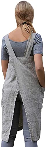 YESDOOD Cotton Linen Apron Cross Back Apron for Women with Pockets Pinafore Dress for Baking Cooking - Image 2