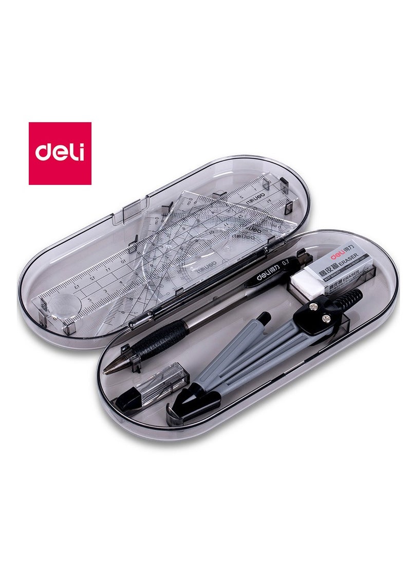 Deli Math Geometry Set 8 Student Supplies with Shatterproof Storage Box and Reusable Bag Including Ruler, Protractor, Compass, Pencil, Eraser for Students and Engineering Drawings - Image 1