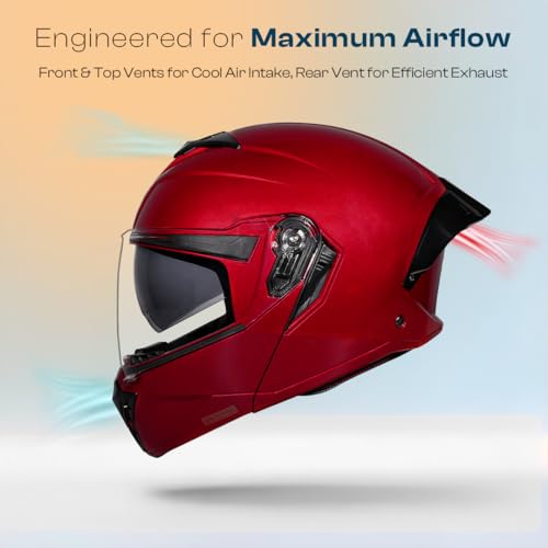 STUDDS Trooper ISI and DOT Certified Flip-up Full Face Helmet for Men and Women with Inner Sun Visor (Cherry Red - L) - Image 3