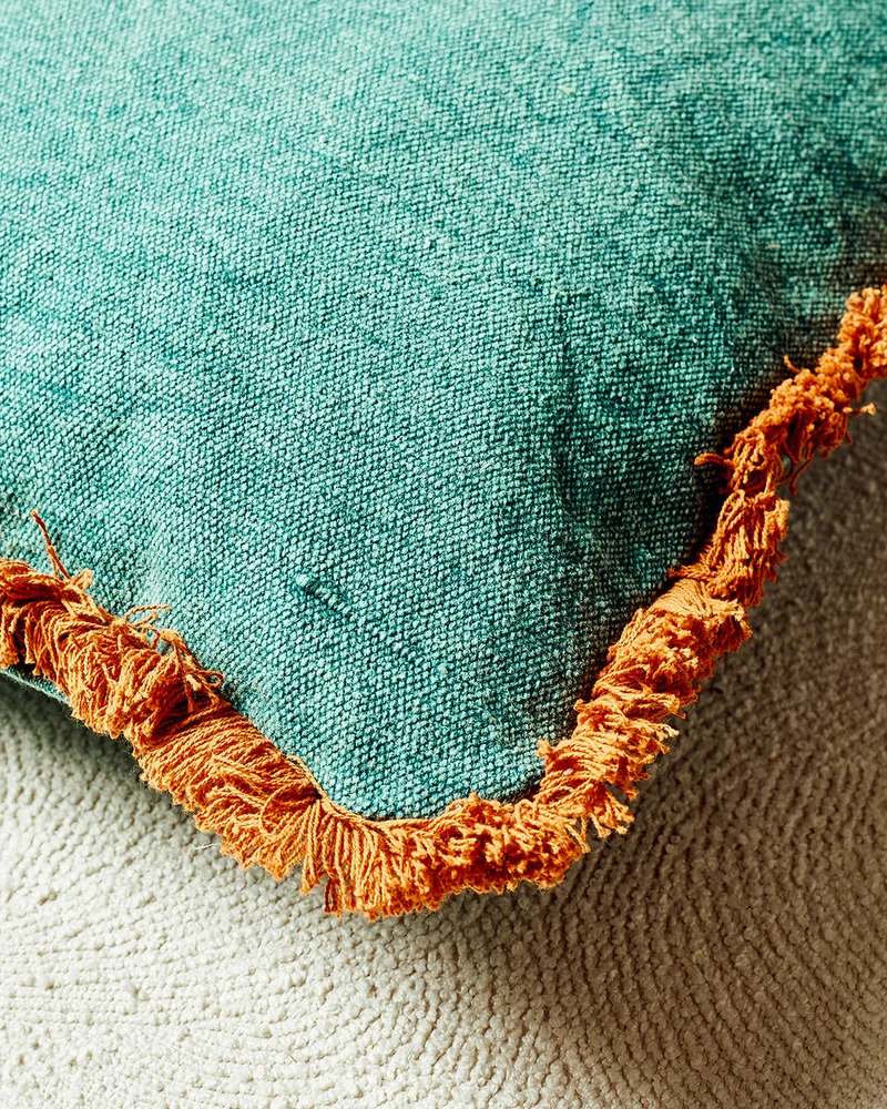 REDTAG Teal Cushion With Rust Fringe