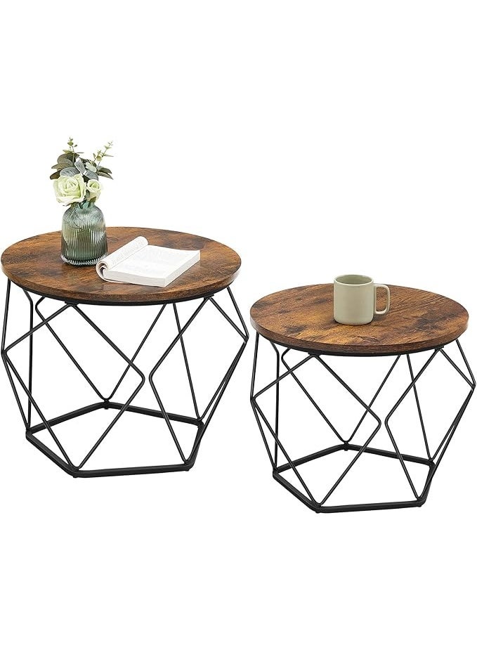 وين هولدر مجموعة طاولات قهوة من قطعتين، طاولة قهوة مستديرة بإطار فولاذي، طاولة جانبية لغرفة المعيشة، غرفة النوم، المكتب، لون بني ريفي، 50*50*40 سم و40*40*36 سم - Image 2