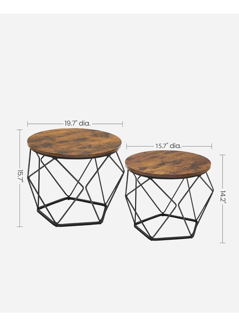 وين هولدر مجموعة طاولات قهوة من قطعتين، طاولة قهوة مستديرة بإطار فولاذي، طاولة جانبية لغرفة المعيشة، غرفة النوم، المكتب، لون بني ريفي، 50*50*40 سم و40*40*36 سم - Image 3