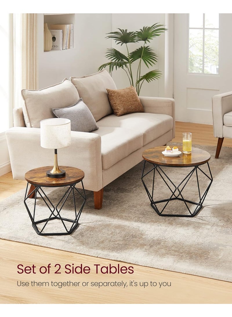 وين هولدر مجموعة طاولات قهوة من قطعتين، طاولة قهوة مستديرة بإطار فولاذي، طاولة جانبية لغرفة المعيشة، غرفة النوم، المكتب، لون بني ريفي، 50*50*40 سم و40*40*36 سم - Image 4