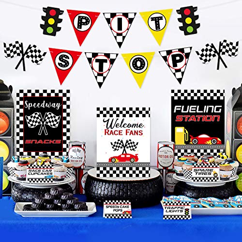 Bessmoso Race Car Bar Decorations Racing Car Birthday Party Decor Kit Pit Stop Banner Race Bar Signs Snack Tent Cards Let's Go Racing Theme Party Supplies - Image 1