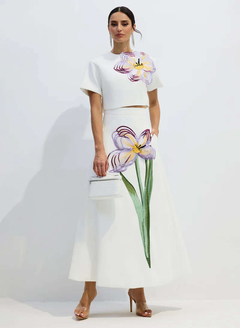 Sunfere Angelica Floral Applique Short Sleeve Top & Skirt Set