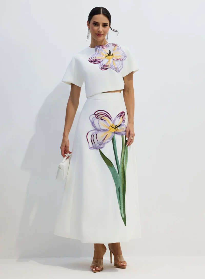 Sunfere Angelica Floral Applique Short Sleeve Top & Skirt Set