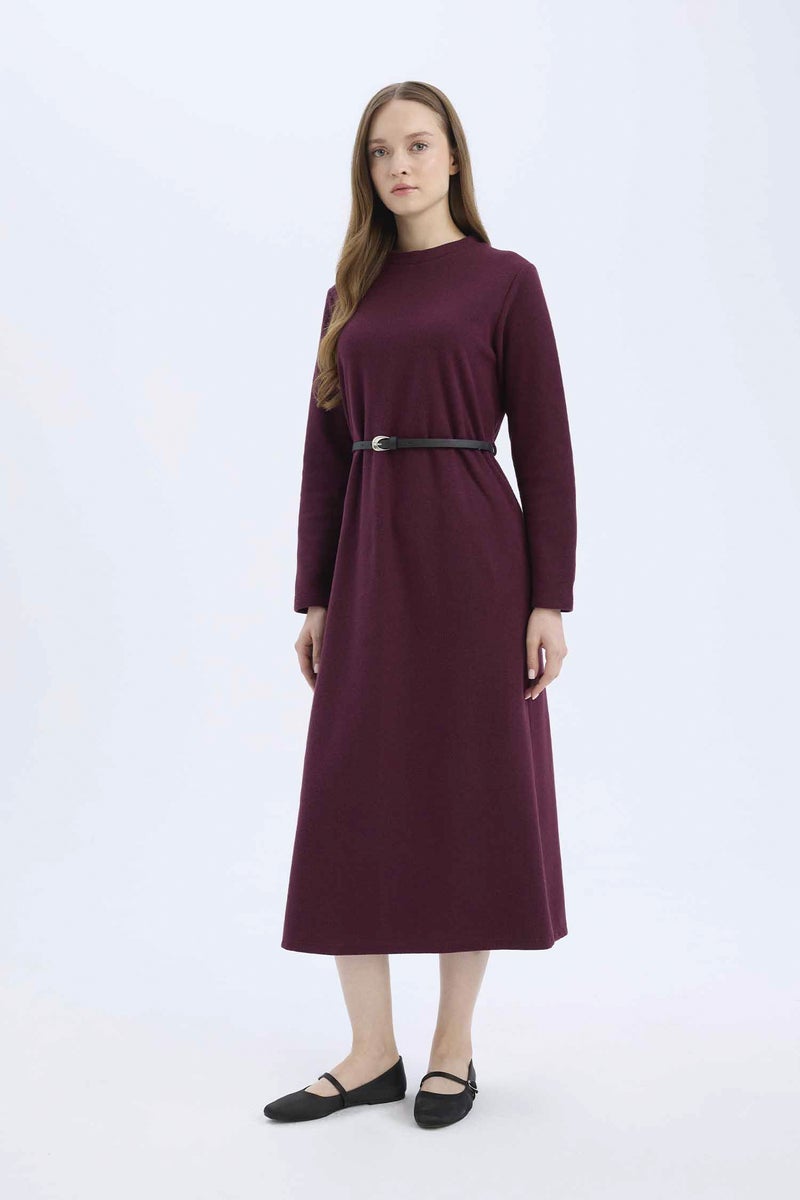 DeFacto Woman Regular Fit Crew Neck Belted Selanik Fabric Maxi Dress - Image 4