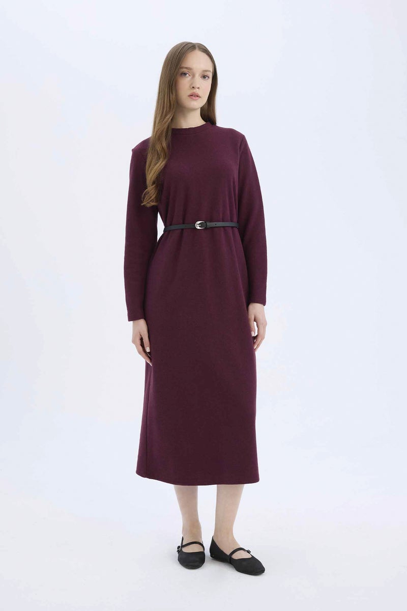 DeFacto Woman Regular Fit Crew Neck Belted Selanik Fabric Maxi Dress - Image 5