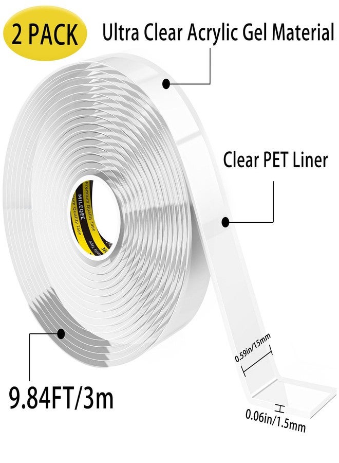MILEQEE 2 Pack Double Sided Tape Clear, 0.59inx9.84ft (Total 19.68FT), Universal 2 Way Mounting Tape, Two Sided Adhesive Heavy Duty Sticky Glue Strips, Wall Tape Transparent - Image 2