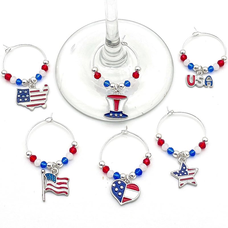 Serendipity USA Wine Charms, Patriotic Glass Identifiers, Stemware Decor, 4th of July Table Decoration, Set of 6 Patriotic USA Independence Day Charms, Labor Day Decor, Fourth of July Charms - Image 3