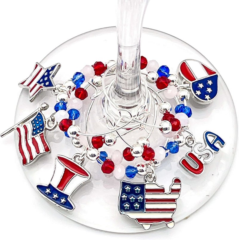 Serendipity USA Wine Charms, Patriotic Glass Identifiers, Stemware Decor, 4th of July Table Decoration, Set of 6 Patriotic USA Independence Day Charms, Labor Day Decor, Fourth of July Charms - Image 1
