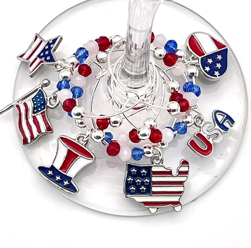Serendipity USA Wine Charms, Patriotic Glass Identifiers, Stemware Decor, 4th of July Table Decoration, Set of 6 Patriotic USA Independence Day Charms, Labor Day Decor, Fourth of July Charms - Image 4