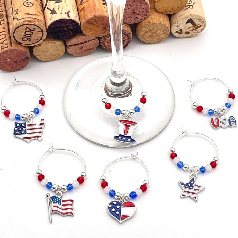 Serendipity USA Wine Charms, Patriotic Glass Identifiers, Stemware Decor, 4th of July Table Decoration, Set of 6 Patriotic USA Independence Day Charms, Labor Day Decor, Fourth of July Charms - Image 2