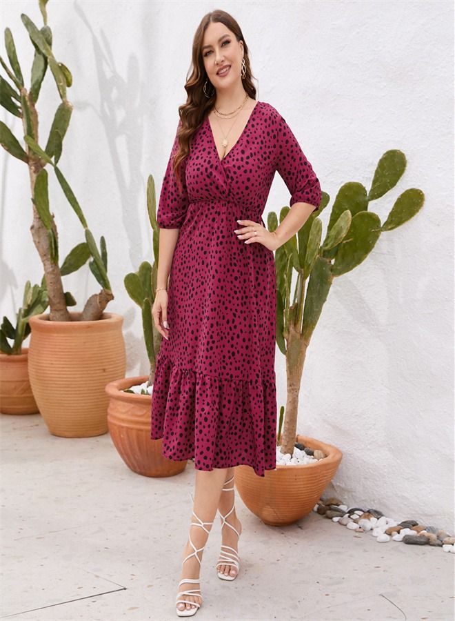 Loquat Leopard Print Ruffle Dress Rose Red  - Image 1