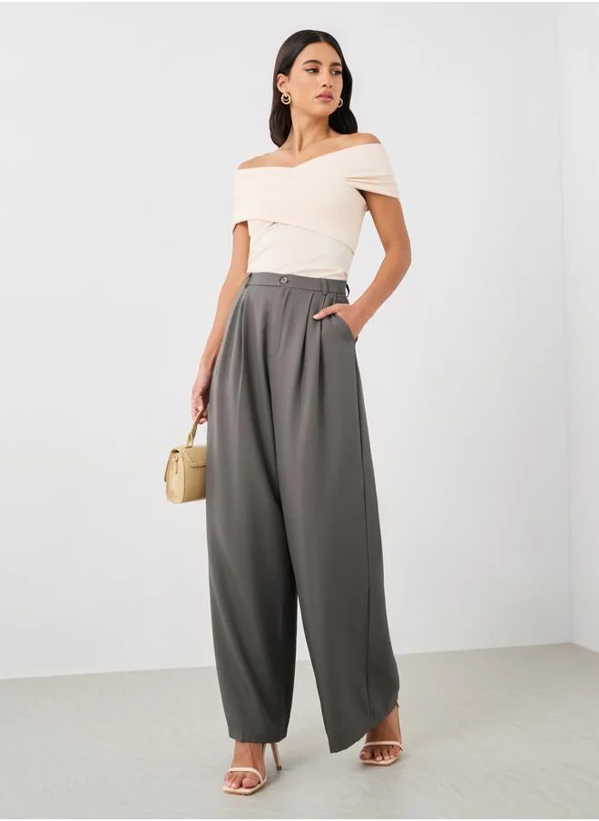 ستايلي Styli Mid Rise Straight Fit Pants with Pleated Details