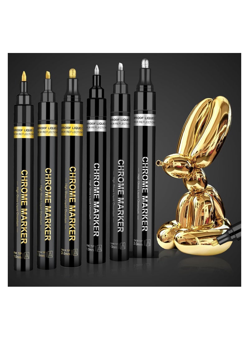 SYOSI Mirror Chrome Marker, 6Pcs Liquid Gold Paint Pens for Art, Waterproof Reflective Gloss Metallic Markers for Repairing, Model Painting, Marking or DIY Art Projects, Permanent Mirror Chrome Marker Pens - Image 1