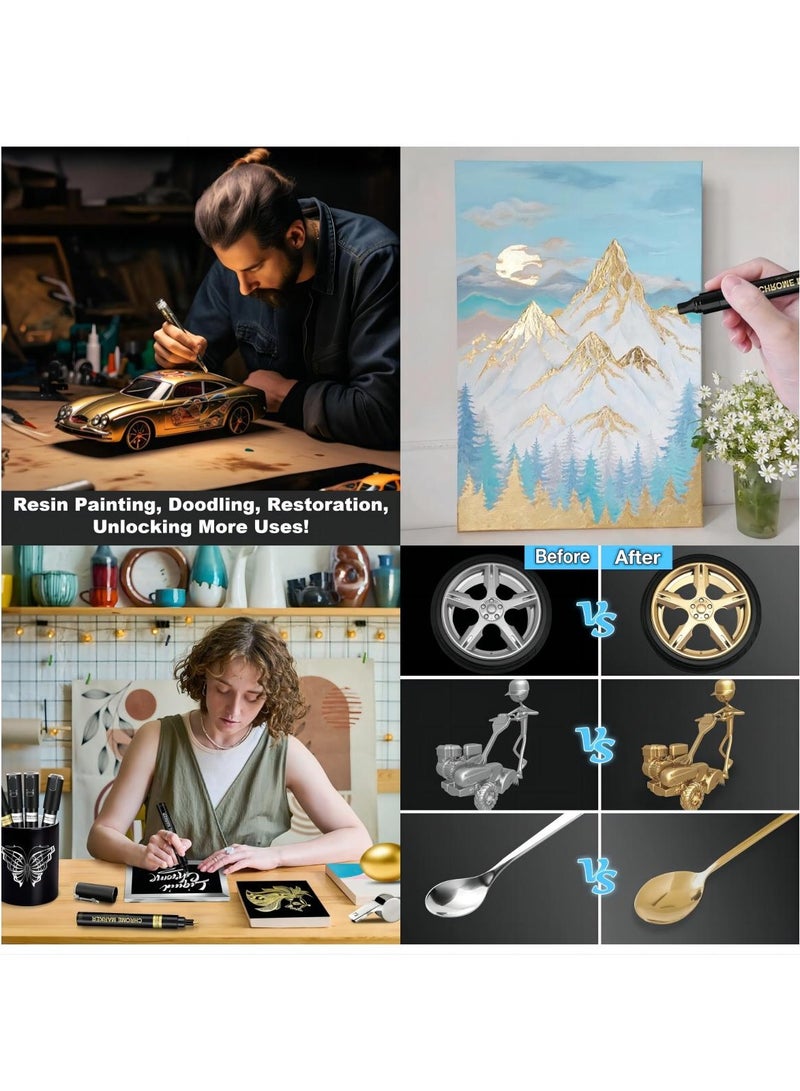 SYOSI Mirror Chrome Marker, 6Pcs Liquid Gold Paint Pens for Art, Waterproof Reflective Gloss Metallic Markers for Repairing, Model Painting, Marking or DIY Art Projects, Permanent Mirror Chrome Marker Pens - Image 2