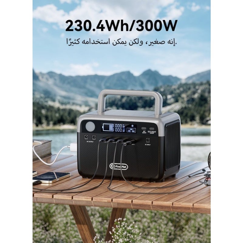 مولد طاقة شمسية 300 وات/231 وات في الساعة UPS محطة طاقة محمولة مع بطارية LiFePO4 شحن سريع مع ضوء LED 220 فولت متوافق مع التخييم في الهواء الطلق والمنزل والنسخ الاحتياطي باور بانك محمول - Image 2