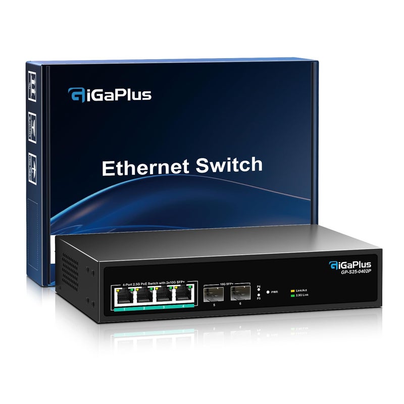 GigaPlus 6 Port 25Gb Unmanaged PoE Switch with 425G BaseT PoE Ports 210G SFP Uplink 8023afat PoE 60Gbps Switching Capacity GigaPlus 25G PoE Switch for 25Gb NASPC WiFi6 Router Wireless AP - Image 2