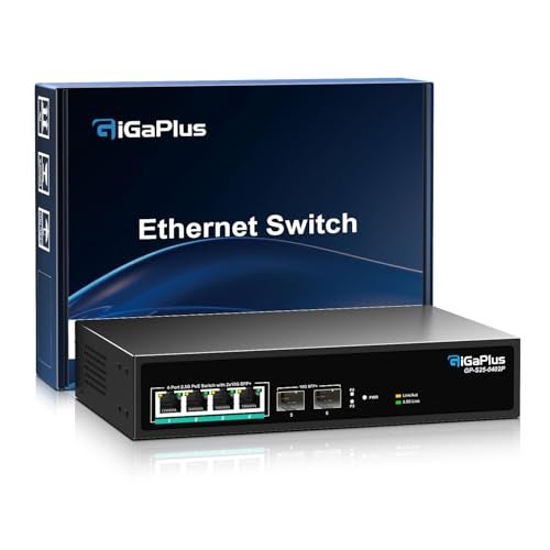 GigaPlus 6 Port 25Gb Unmanaged PoE Switch with 425G BaseT PoE Ports 210G SFP Uplink 8023afat PoE 60Gbps Switching Capacity GigaPlus 25G PoE Switch for 25Gb NASPC WiFi6 Router Wireless AP - Image 1