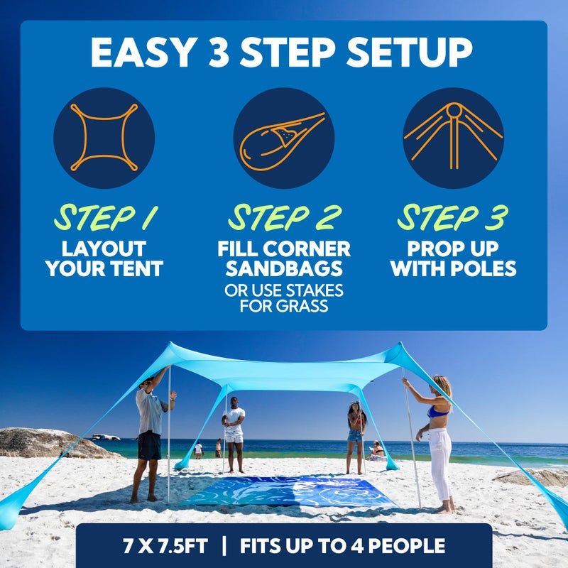 SUN NINJA Beach Tent Shelter with UPF50+ Protection, Includes Sand Shovel, Ground Pegs, Stability Poles, Outdoor Pop Up Shade Canopy for Camping, Fishing, Backyard Fun (Turquoise, 5x5 FT 4 Pole) - Image 4