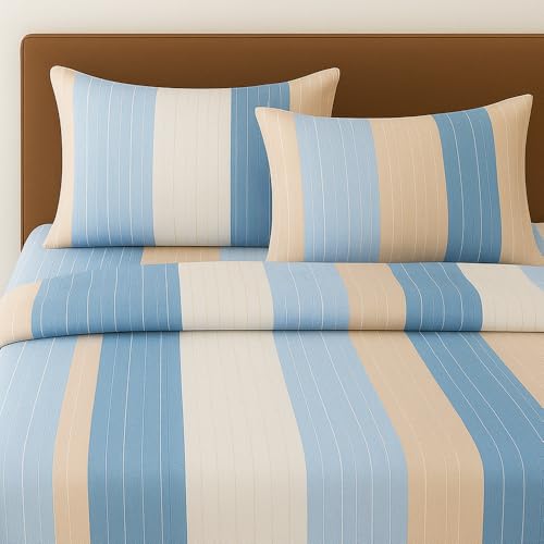 BSB HOME 100% Cotton Feel Double Bed Bedsheet Set | 144 TC Soft & Breathable | Ocean Blue and Skin Big Striped with 2 Pillow Covers | Wrinkle Free | for Bedroom (90 x 90 Inches) - Image 2