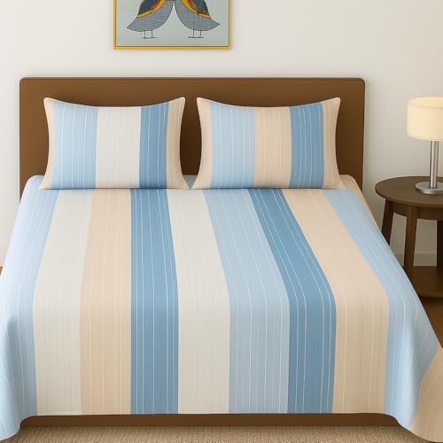BSB HOME 100% Cotton Feel Double Bed Bedsheet Set | 144 TC Soft & Breathable | Ocean Blue and Skin Big Striped with 2 Pillow Covers | Wrinkle Free | for Bedroom (90 x 90 Inches) - Image 1