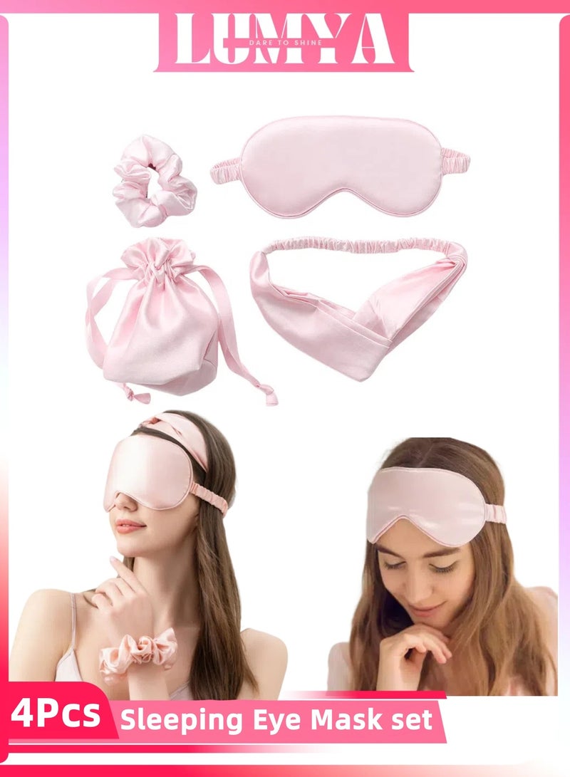 LUMYA Silk Sleep Masks Travel Set 4 Pcs Soft Sleeping Eye Mask with Hair Scrunchie Head Band and Travel Pouch for Girls Ladies Pink - Image 1