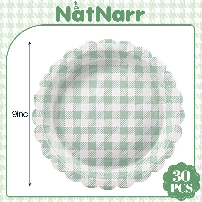 NatNarr 30 Pcs Sage Green Gingham Plates, 9 Inch Easter Paper Plates Scalloped Green Gingham Party Supplies Plaid Dessert Dinner Party Plate for Picnic, Baby & Bridal Shower, Wedding - Image 2