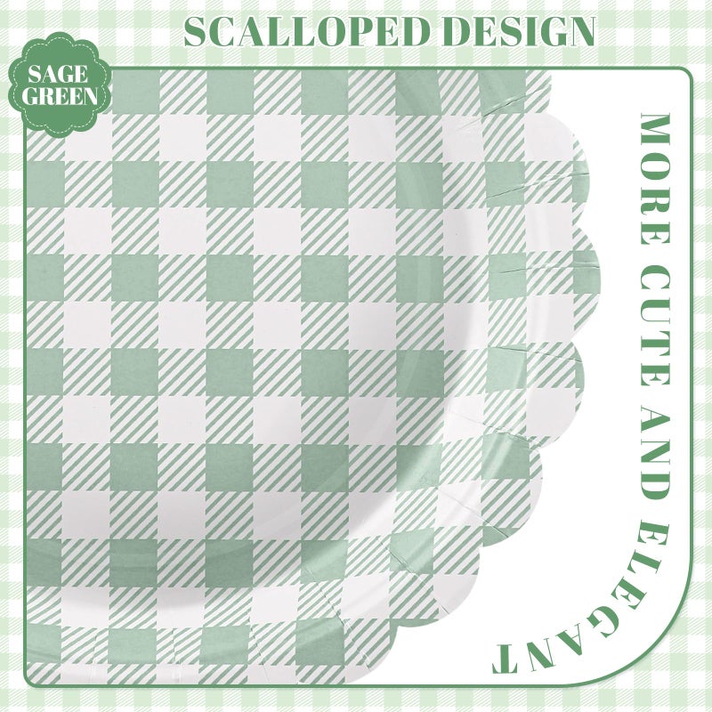 NatNarr 30 Pcs Sage Green Gingham Plates, 9 Inch Easter Paper Plates Scalloped Green Gingham Party Supplies Plaid Dessert Dinner Party Plate for Picnic, Baby & Bridal Shower, Wedding - Image 3
