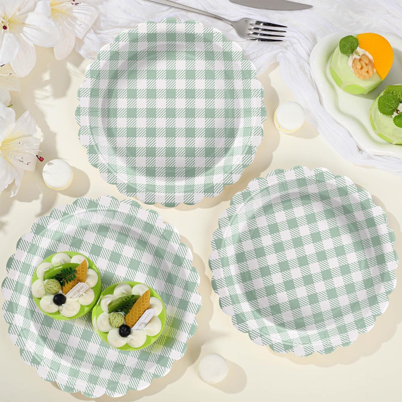 NatNarr 30 Pcs Sage Green Gingham Plates, 9 Inch Easter Paper Plates Scalloped Green Gingham Party Supplies Plaid Dessert Dinner Party Plate for Picnic, Baby & Bridal Shower, Wedding - Image 5