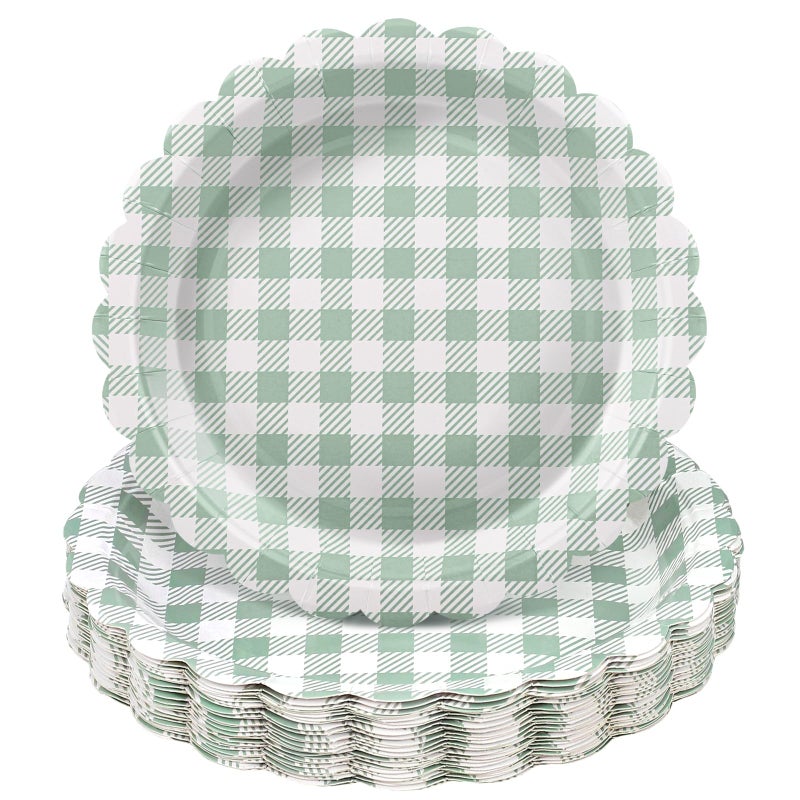 NatNarr 30 Pcs Sage Green Gingham Plates, 9 Inch Easter Paper Plates Scalloped Green Gingham Party Supplies Plaid Dessert Dinner Party Plate for Picnic, Baby & Bridal Shower, Wedding - Image 1