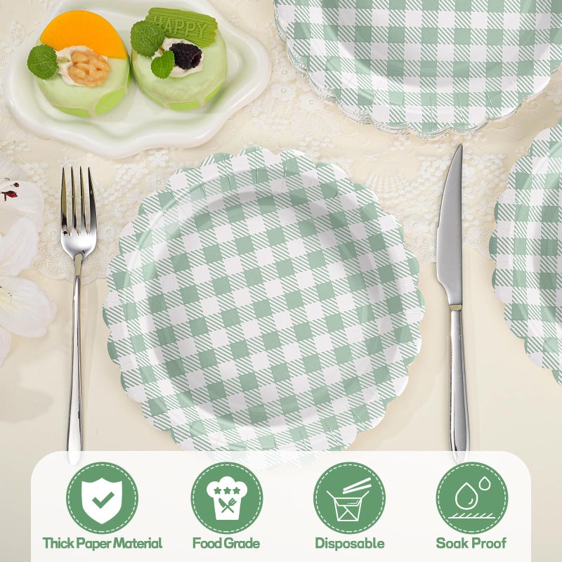 NatNarr 30 Pcs Sage Green Gingham Plates, 9 Inch Easter Paper Plates Scalloped Green Gingham Party Supplies Plaid Dessert Dinner Party Plate for Picnic, Baby & Bridal Shower, Wedding - Image 4