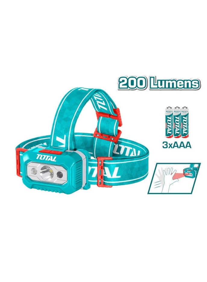 TOTAL Super Total Headlamp 200 Lumens | 3xAAA Battery | 91m Beam Distance | IPX4 Waterproof | Brightness Levels: Max 200 & Low 100 Lumens  - Image 1